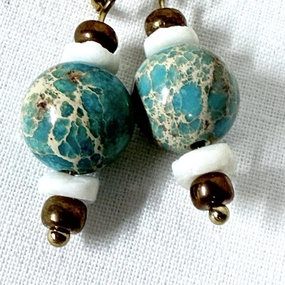 REIMAGINED Variscite, Shell, Copper Glass Bead Earrings Gold-Plated Hooks - Picture 2 of 4
